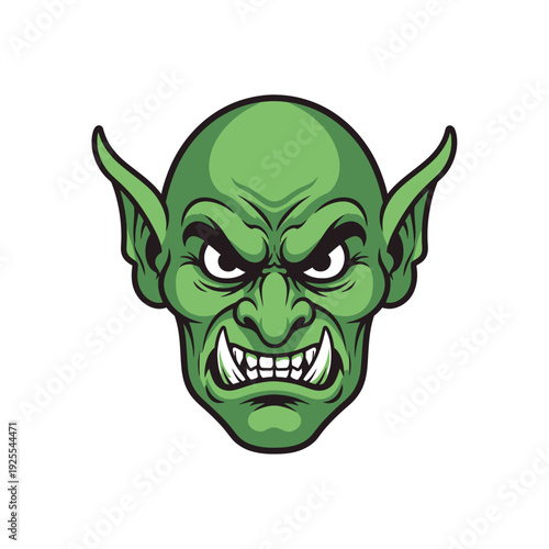 Green Goblin Face Illustration - Evil Monster Head with Sharp Teeth and Angry Eyes