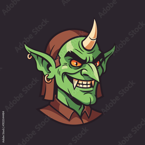 Green Goblin Character with Horn and Piercing, Evil Grin, Fantasy Creature Illustration