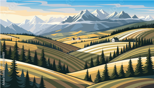 Serene Mountain Valley with Rolling Hills and Evergreen Forests vector