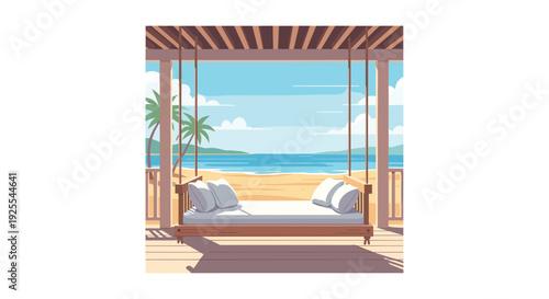 A large wooden daybed swing with white pillows sits on a covered deck overlooking a sunny tropical beach with palm trees and blue ocean water.