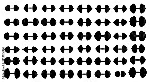 Black dumbbells arranged in rows on white background for fitness and workout concepts