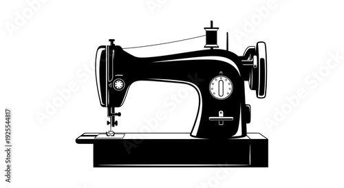 Vintage black sewing machine with white accents on a plain background for crafting and textile projects