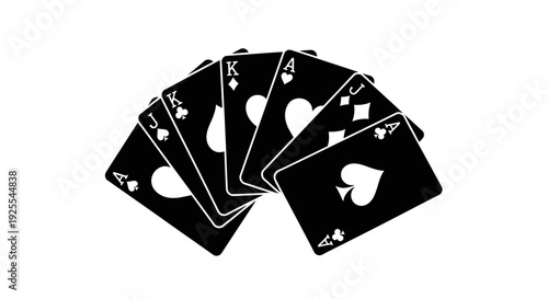 Black playing cards fanned out on white background with royal flush of spades hearts diamonds and clubs