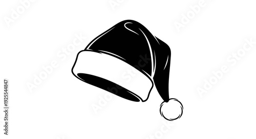 Black santa hat with white trim and pom pom on a plain background