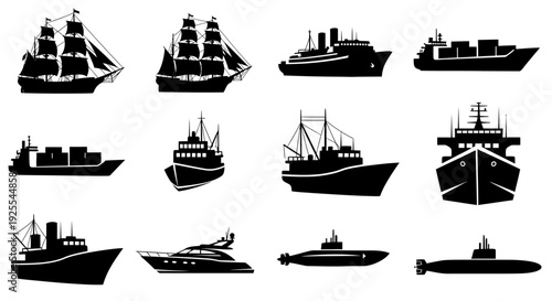 Collection of various ship and boat silhouettes on white background for design and navigation concepts