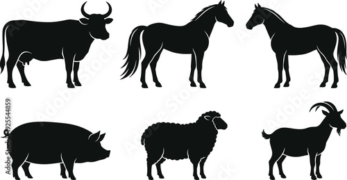 Farm animal silhouette set, cow horse pig sheep goat vector illustration isolated on white background livestock collection design