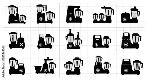 Collection of black blender icons on grid background