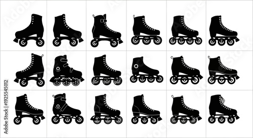 Collection of black roller skates on white background various styles and positions for design and recreational use