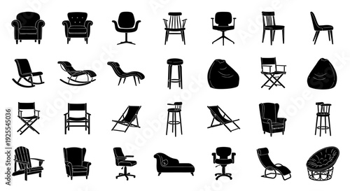 Collection of various black silhouettes of chairs and seating on white background for design