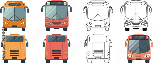 Bus front and rear view vector set with colored and outline styles, public transport vehicle illustrations isolated on white background for urban design