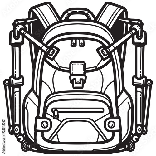 Futuristic exoskeleton backpack illustration featuring mechanical support arms and multiple compartments for heavy-duty hiking or industrial load-bearing, clean black and white line art.