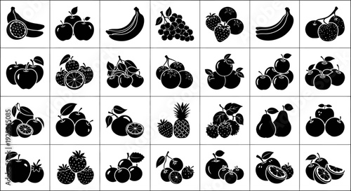 Collection of various fruit icons in black and white arranged in a grid pattern on a clean background