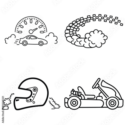 Motorsport speed icon set with race car, drifting smoke, helmet and go kart outline design
