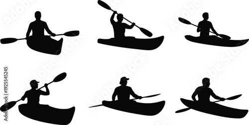 Kayaker silhouette set with paddling poses in canoe, black vector illustration collection of man rowing kayak isolated on white background for water sports design