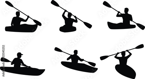 Kayaking silhouette collection featuring paddlers in different rowing poses, black vector clipart set of canoe athletes isolated on white background for water sports design