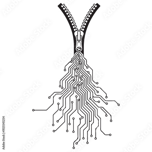 Conceptual zipper unzipping to reveal intricate electronic circuit board traces and digital pathways, symbolizing hardware integration and data security in a minimalist black and white vector.