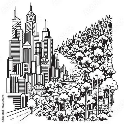 Modern City Skyline and Lush Forest Landscape Coexisting in a Balanced Composition Representing Urban Sustainability and Green Living, Clean Black and White Line Art Illustration