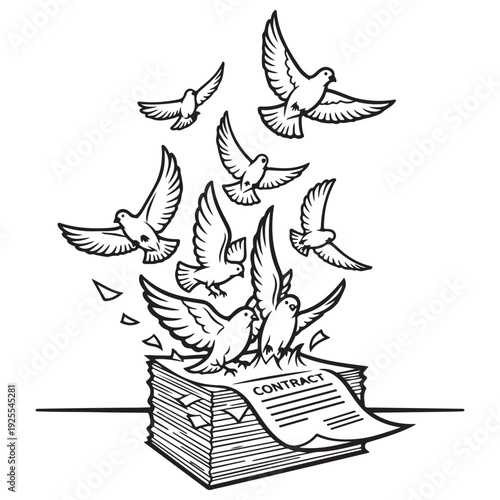 Conceptual black and white line art illustration of white doves flying out of a stack of legal contract papers, symbolizing freedom from debt, release from obligations, and peace in business.
