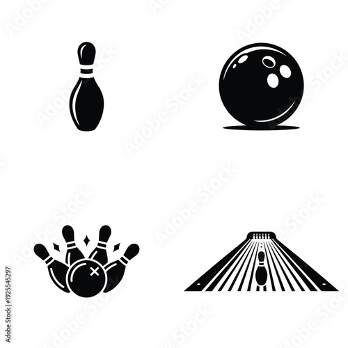 Bowling sport icon set with ball, pins, strike and bowling lane silhouettes