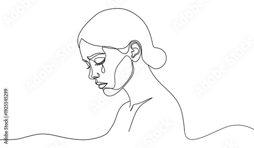 Emotional Woman Continuous Line Art – Sad Abstract Female Face Minimalist Vector