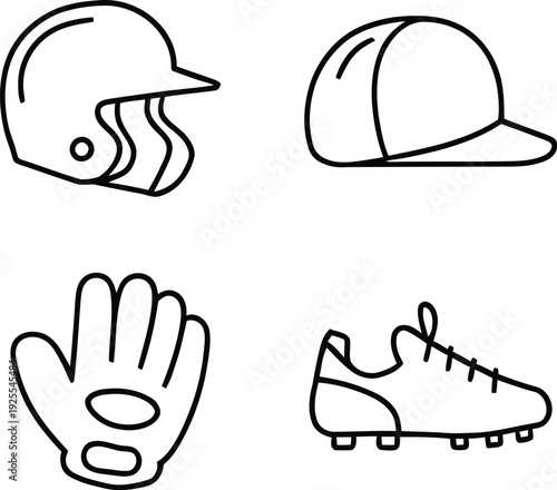 Baseball Equipment Icons: Helmet, Cap, Glove, and Cleat Shoe