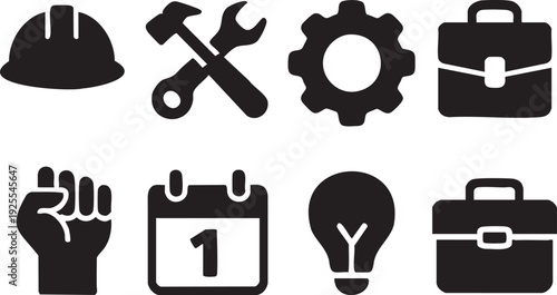 black icons of business and tools on white background