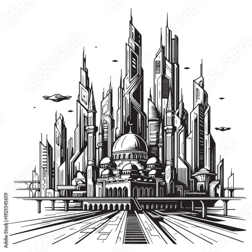 Futuristic Islamic city skyline vector illustration featuring a grand mosque with domes amidst towering sci-fi skyscrapers, flying vehicles, and elevated roads in monochrome line art style