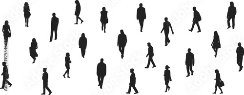 Silhouette illustration of diverse group of people walking and standing, symbolizing human activity, crowd dynamics, social behavior, diversity, and population representation in abstract design