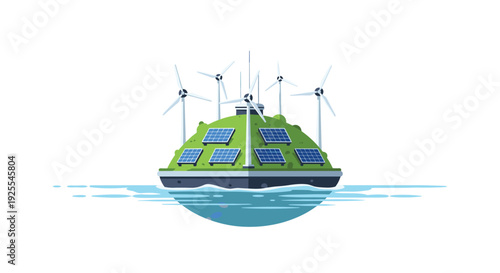 A floating green island platform equipped with six white wind turbines and six blue solar panels sits on calm blue water against a white background.