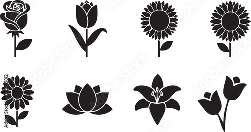 black silhouettes of various flowers on white background
