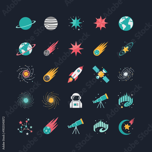 Space Icons: Planets, Rockets, Astronauts, Stars, Galaxies, Comets, Aurora