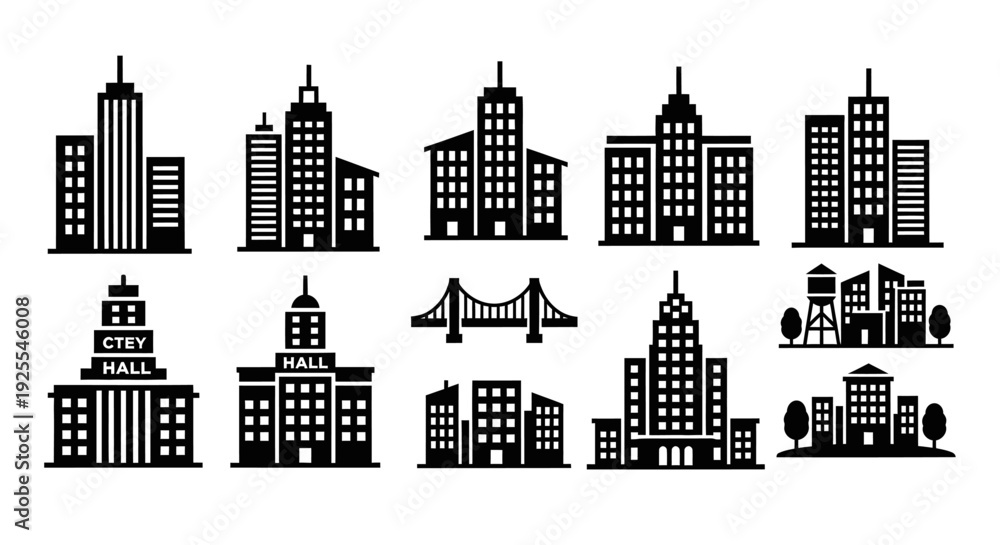 Obraz premium Collection of Various City Buildings and Urban Infrastructure Icons on Isolated White Background