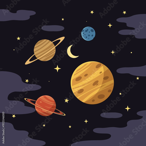 Cosmic Scene: Planets, Moon, Stars, and Nebula in Deep Space