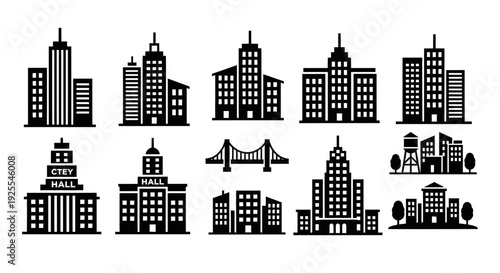 Collection of Various City Buildings and Urban Infrastructure Icons on Isolated White Background