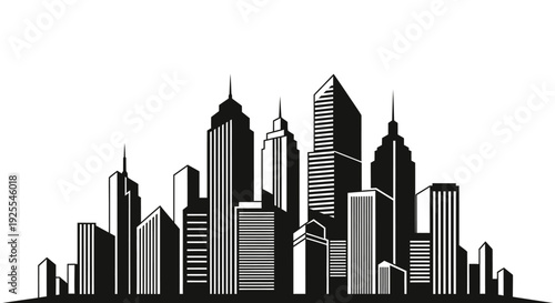 Detailed City Skyline Silhouette with Modern Skyscrapers on Isolated White Background