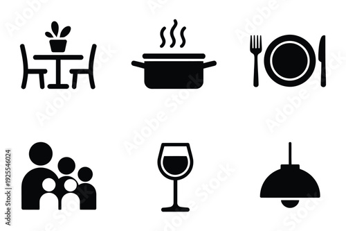 Dining and family icons: table, pot, place setting, people