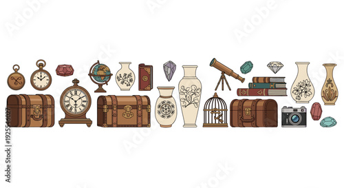 A collection of vintage objects including wooden chests, pocket watches, ceramic vases, a telescope, and a camera are arranged in a horizontal row on white.