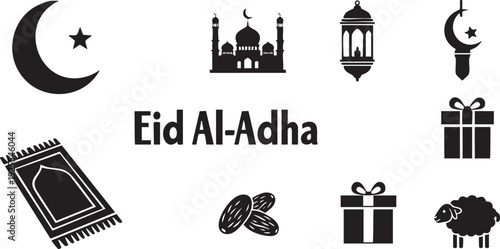Eid AlAdha festival celebration icons with mosque and sheep