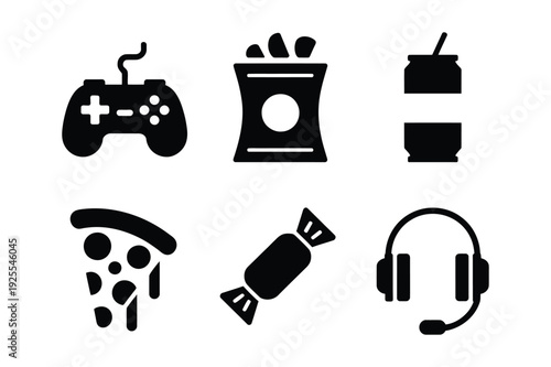 Gamer lifestyle icons: controller, snacks, drinks, pizza