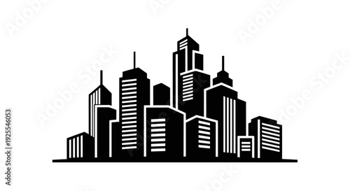 Urban City Skyline Silhouette with Skyscrapers and Towers on Isolated White Background