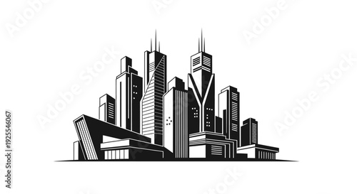 Modern City Skyline Silhouette with Skyscrapers on Isolated White Background