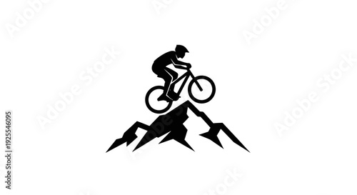 Cyclist on Mountain Peak Silhouette, Extreme Sport Adventure, isolated white background