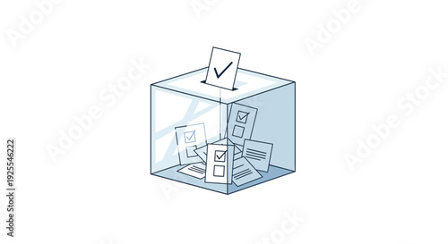 A transparent blue voting box contains several paper ballots while one white sheet with a black checkmark is inserted into the top opening slot.