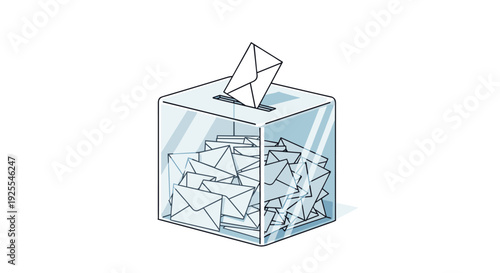 A transparent blue ballot box is filled with numerous white envelopes with one single envelope being dropped into the narrow slot on the top surface.
