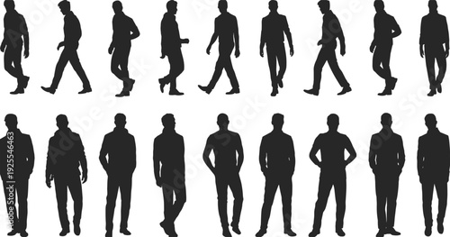 Silhouette illustration of male figures in walking cycle stages and standing postures, symbolizing human motion, posture analysis, animation, ergonomics, and character design concepts