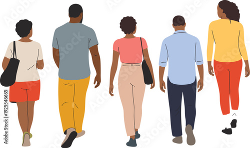 Stylized illustration of diverse people walking away, casual clothing variety, symbolizing individuality, diversity, lifestyle, community, fashion, and social behavior in modern design concept