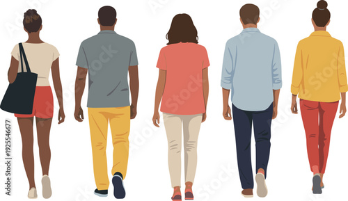 Stylized illustration of diverse people walking away, casual clothing variety, symbolizing diversity, individuality, community, lifestyle, fashion, and social behavior in modern design