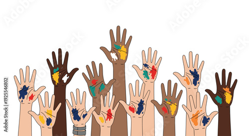 Multiple human hands of diverse skin colors are raised vertically with colorful paint splatters on their palms against a solid white background in a flat illustration.