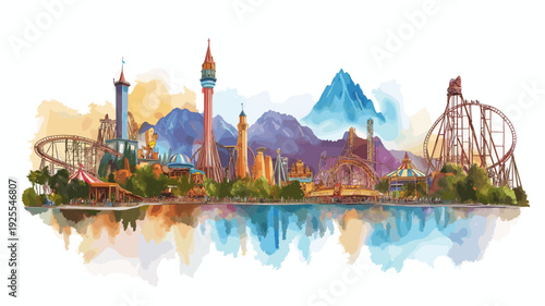 Six Flags Magic Mountain. Six Flags Magic Mountain hand drawn watercolor illustration