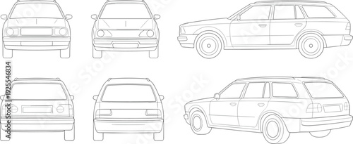 Technical line drawing set of station wagon car showing multiple perspectives including front, rear, side, and three-quarter views, useful for automotive design and engineering
